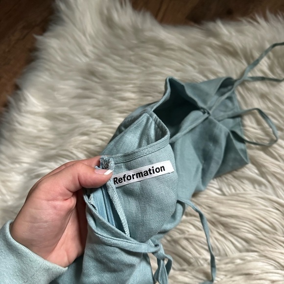 REFORMATION Nia 100% Linen Midi Dress In Turquoise - Picture 12 of 13